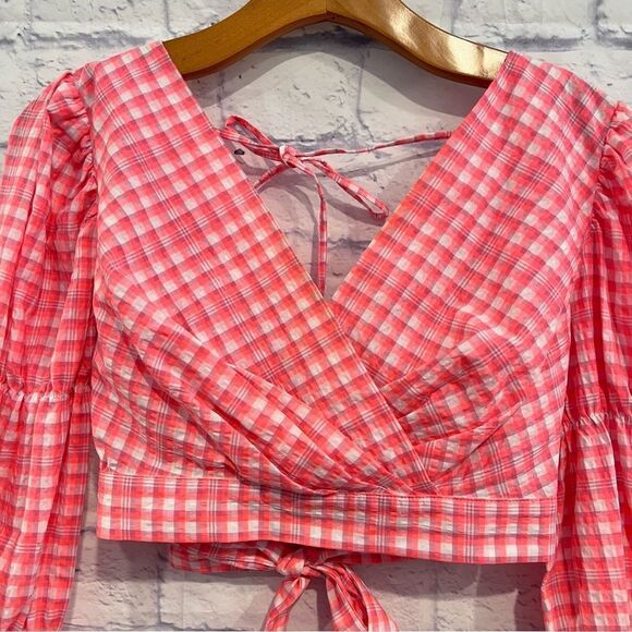 Topshop Pink & White Gingham Long Sleeve Crop‎ Top - Picture 4 of 8